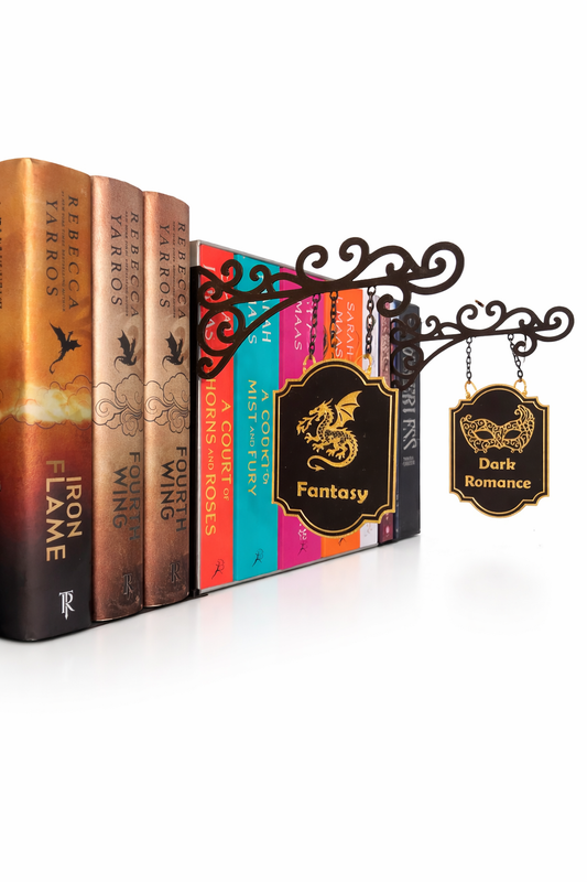 Hanging Book Genre Divider Signs | Fantasy & Dark Romance Shelf Decor | Decorative Bookshelf Organizer