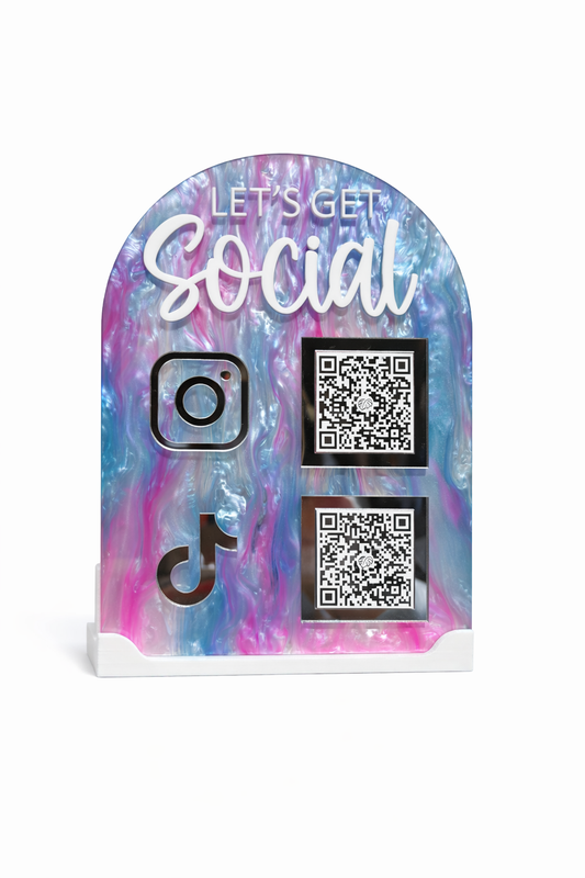“Let’s Get Social” (acrylic) QR Code Social Media Stand